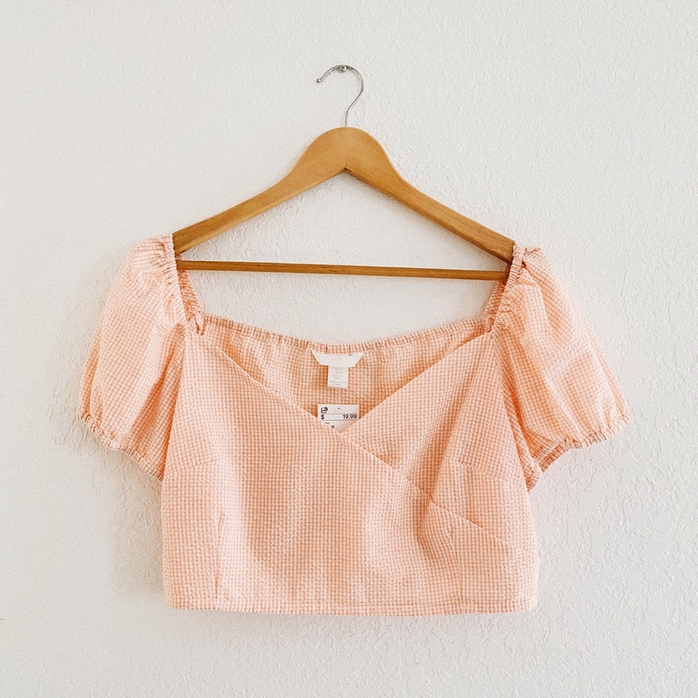 Puff Sleeve Crop Top — Pink Gingham